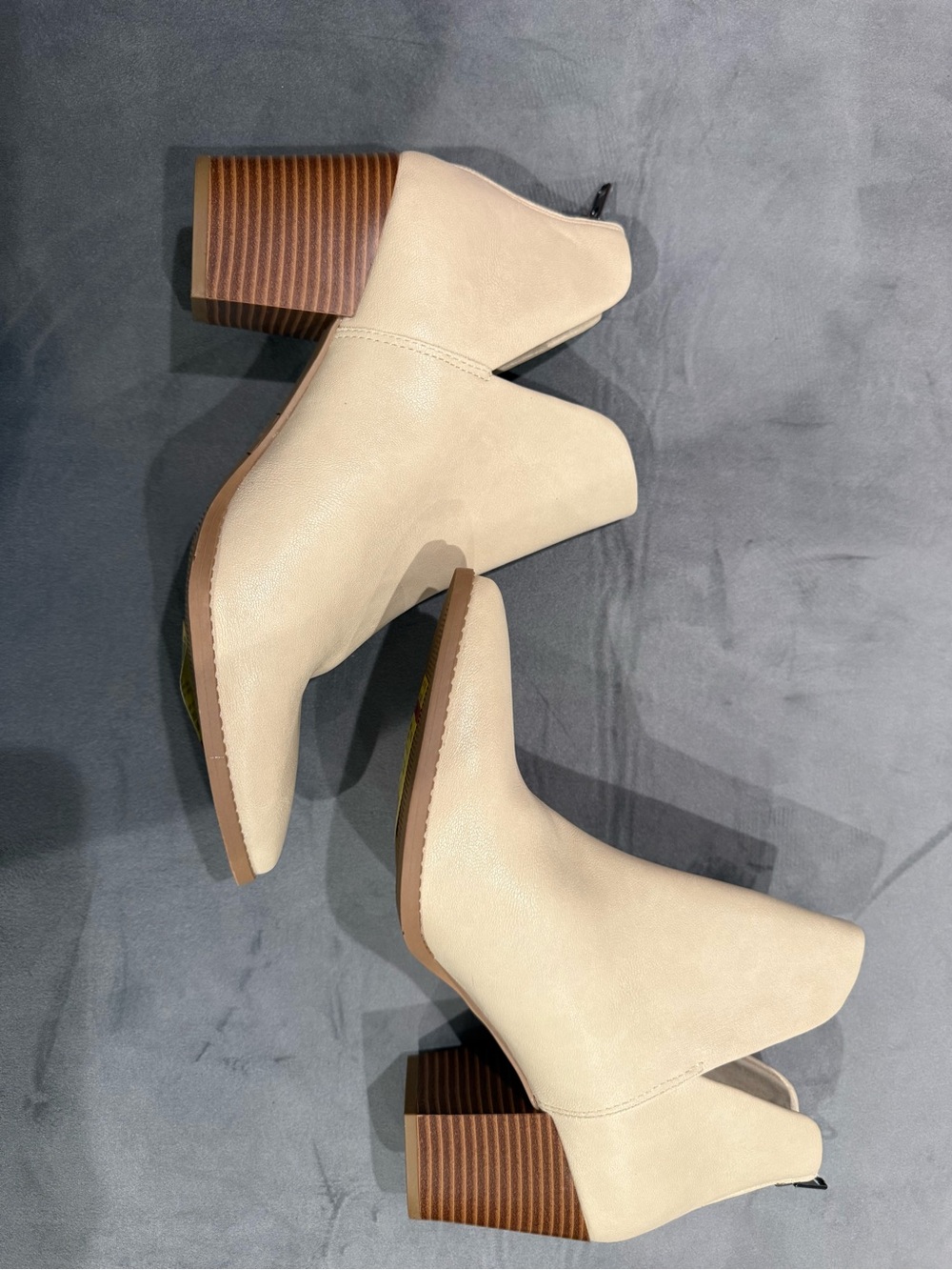 Sun + Stone Cream Ankle Booties with Stacked Wood Heel